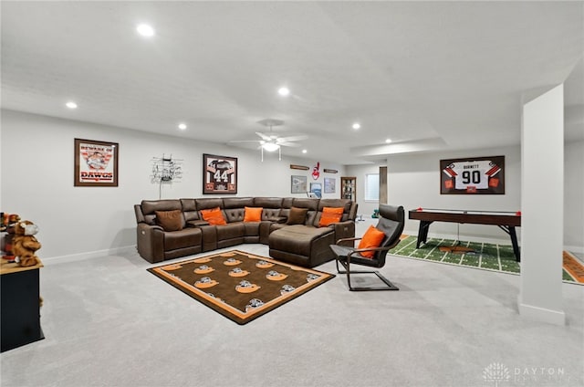 9777 Winding Creek Blvd, Clearcreek Twp, OH 45458 - carpeted living area with recessed lighting, baseboards, and a ceiling fan