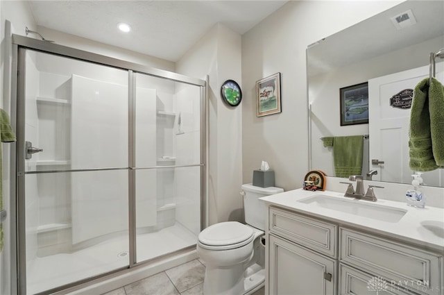9777 Winding Creek Blvd, Clearcreek Twp, OH 45458 - bathroom featuring toilet, a stall shower, vanity, tile patterned floors, and recessed lighting