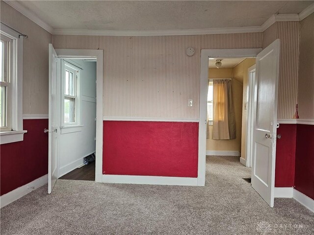 1800 Patterson Rd, Dayton, OH 45420 - unfurnished room featuring crown molding, carpet floors, baseboards, and wallpapered walls