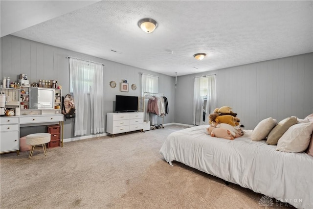 2089 Clearview Dr, Bellbrook, OH 45305 - carpeted bedroom featuring multiple windows, a textured ceiling, wood walls, and baseboards