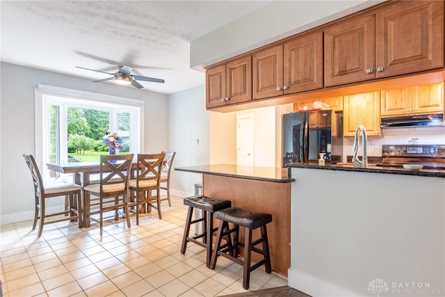 4491 Powder Horn Dr, Beavercreek, OH 45432 - kitchen featuring black appliances, under cabinet range hood, a ceiling fan, baseboards, and dark stone counters