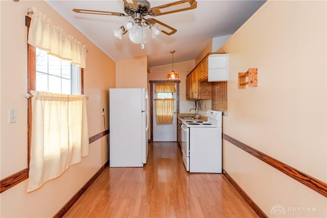 903 Kennison Ave, New Carlisle, OH 45344 - kitchen with white appliances, baseboards, light wood-style floors, and a ceiling fan