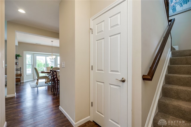 148 Oasis Ct, Springboro, OH 45066 - stairway with wood finished floors, baseboards, recessed lighting, and a chandelier
