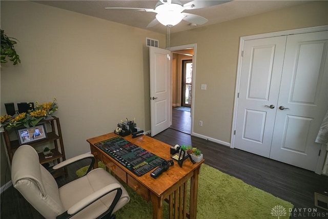 1331 Peregrine Way, Hamilton, OH 45013 - home office featuring dark wood finished floors, ceiling fan, and baseboards