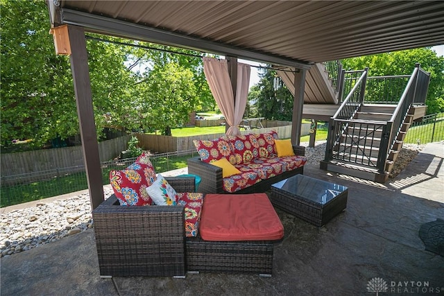1331 Peregrine Way, Hamilton, OH 45013 - fenced backyard featuring outdoor lounge area, a patio, and stairway