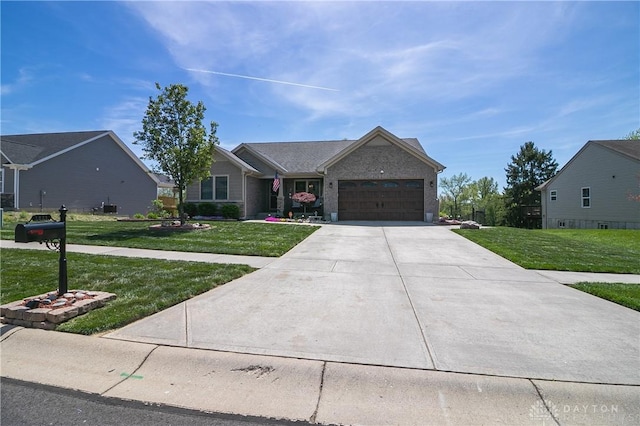1331 Peregrine Way, Hamilton, OH 45013 - ranch-style house with an attached garage, a front yard, concrete driveway, and brick siding