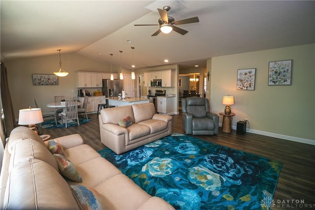 1331 Peregrine Way, Hamilton, OH 45013 - living room with dark wood-type flooring, vaulted ceiling, a ceiling fan, baseboards, and recessed lighting