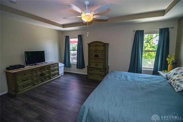 1331 Peregrine Way, Hamilton, OH 45013 - bedroom with multiple windows, a raised ceiling, dark wood-style floors, and baseboards
