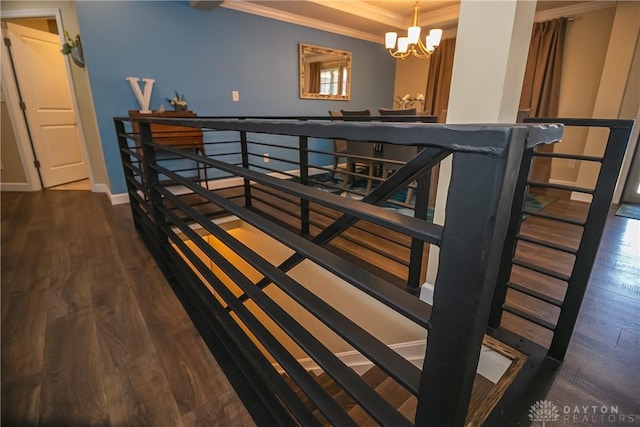 1331 Peregrine Way, Hamilton, OH 45013 - corridor with an upstairs landing, ornamental molding, a chandelier, wood finished floors, and baseboards