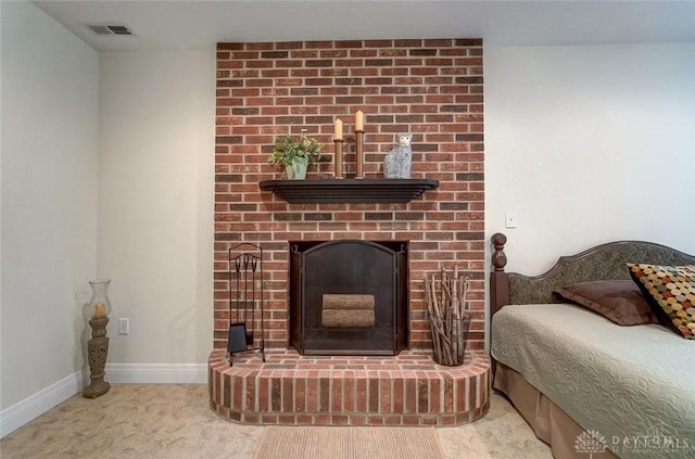 5829 Watt Rd, Camden, OH 45311 - carpeted living room featuring baseboards and a brick fireplace