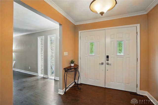 2942 Stauffer Dr, Beavercreek, OH 45434 - foyer with baseboards, dark wood-style floors, and ornamental molding