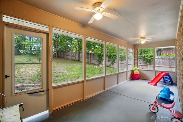 2942 Stauffer Dr, Beavercreek, OH 45434 - unfurnished sunroom with ceiling fan and plenty of natural light