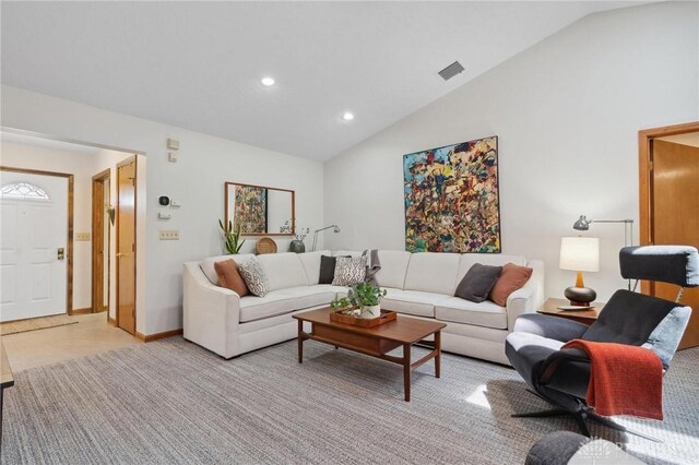 1462 Dee Anne Dr, Xenia, OH 45385 - living room with recessed lighting, light carpet, and high vaulted ceiling