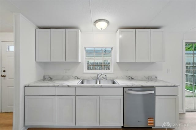 665 Diamond Loop, Middletown, OH 45044 - kitchen with dishwasher, a sink, white cabinets, and light stone countertops