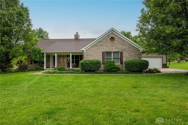 2182 Sharon View Ct, Lebanon, OH 45036 - ranch-style home featuring a chimney, a front lawn, a garage, brick siding, and concrete driveway