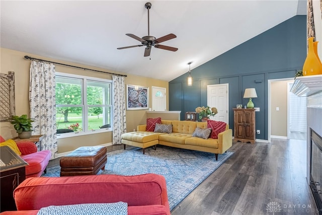 2182 Sharon View Ct, Lebanon, OH 45036 - living room featuring ceiling fan, wood finished floors, a glass covered fireplace, and high vaulted ceiling