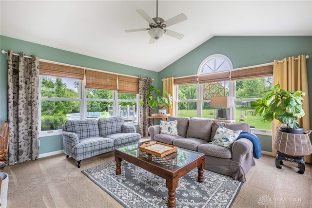 2182 Sharon View Ct, Lebanon, OH 45036 - living room featuring carpet, a ceiling fan, lofted ceiling, and baseboards