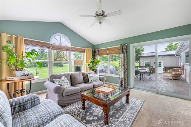 2182 Sharon View Ct, Lebanon, OH 45036 - sunroom with ceiling fan, vaulted ceiling, an outdoor living space, carpet flooring, and outdoor dining area
