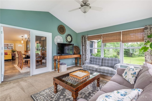 2182 Sharon View Ct, Lebanon, OH 45036 - carpeted living area with lofted ceiling, ceiling fan, and baseboards