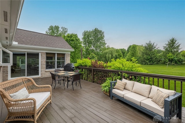 2182 Sharon View Ct, Lebanon, OH 45036 - wooden deck featuring outdoor lounge area, outdoor dining space, a grill, and a yard