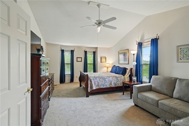 10550 Willow Brook Rd, Dayton, OH 45458 - bedroom featuring lofted ceiling, light carpet, multiple windows, and a ceiling fan