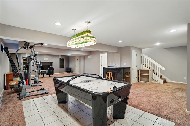 10550 Willow Brook Rd, Dayton, OH 45458 - playroom with light colored carpet, recessed lighting, light tile patterned floors, and baseboards