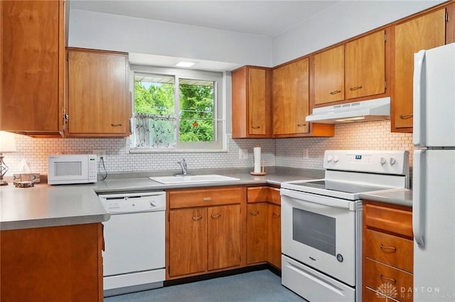 600 Deauville Dr, Washington Twp, OH 45429 - kitchen with white appliances, under cabinet range hood, a sink, and tasteful backsplash