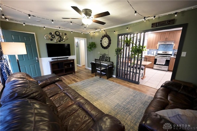 1265 Jeanette Dr, Dayton, OH 45432 - living room featuring a ceiling fan, light wood-style floors, track lighting, and baseboards
