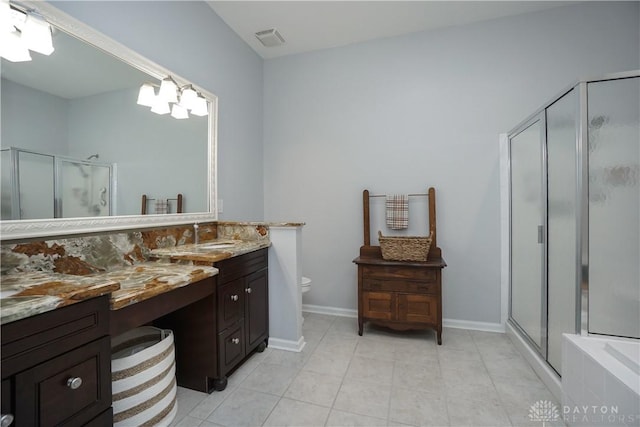 7516 Blue Fox Run, West Chester, OH 45069 - bathroom with a shower stall, vanity, tile patterned flooring, a tub to relax in, and backsplash