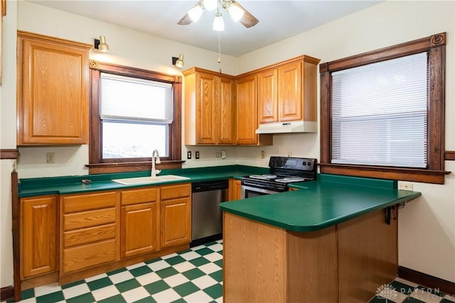 1628 E 5th St, Dayton, OH 45403 - kitchen featuring dishwasher, black / electric stove, a sink, light flooring, and under cabinet range hood
