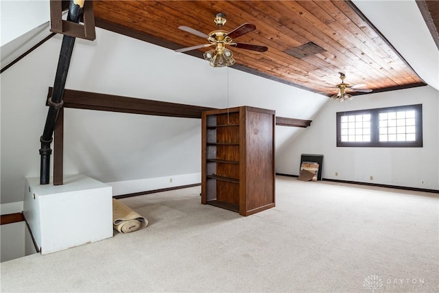 1628 E 5th St, Dayton, OH 45403 - bonus room featuring ceiling fan, wood ceiling, carpet floors, vaulted ceiling, and baseboards