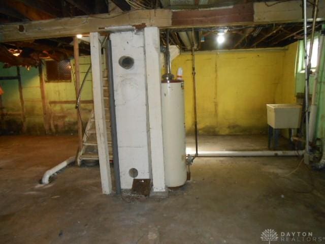1202 Burt St, Springfield, OH 45505 - unfinished below grade area featuring water heater and a sink