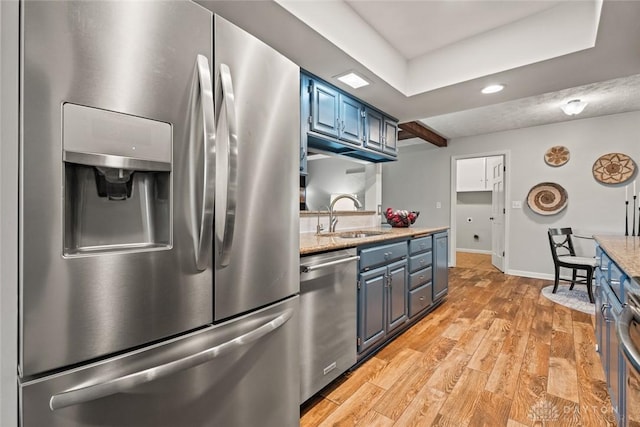 286 Honey Jane Dr, Beavercreek, OH 45434 - kitchen with appliances with stainless steel finishes, a sink, blue cabinets, light wood-style floors, and baseboards