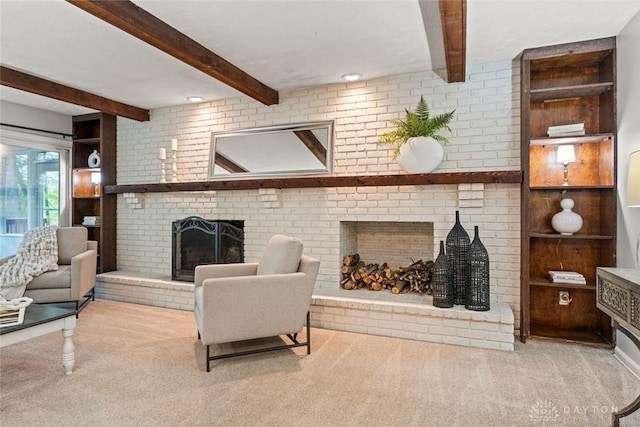 286 Honey Jane Dr, Beavercreek, OH 45434 - living room featuring a fireplace, carpet flooring, and beam ceiling