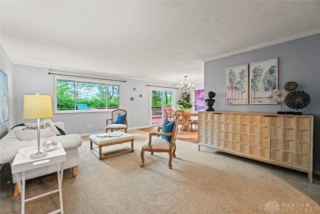 286 Honey Jane Dr, Beavercreek, OH 45434 - living area featuring crown molding, a chandelier, a textured ceiling, and carpet flooring