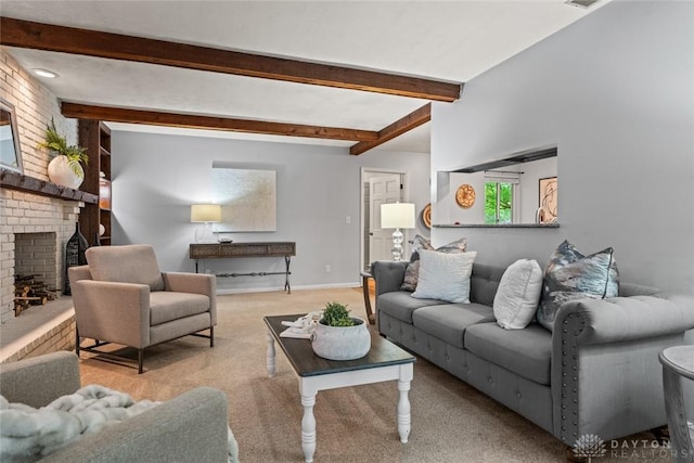 286 Honey Jane Dr, Beavercreek, OH 45434 - living room featuring carpet floors, a brick fireplace, beamed ceiling, and baseboards