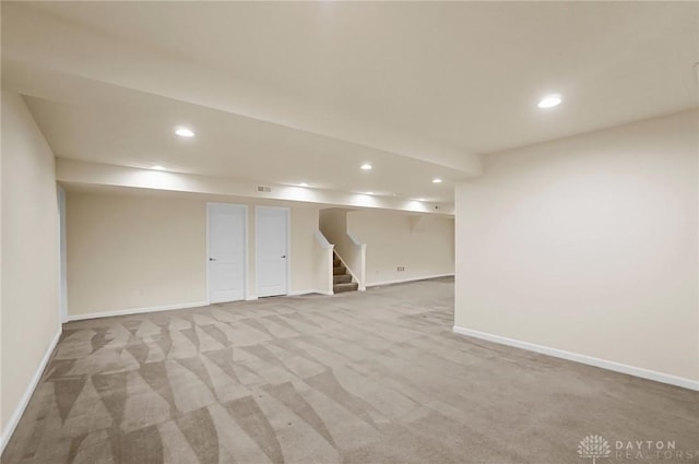9752 Crooked Creek Dr, Centerville, OH 45458 - finished basement with stairway, recessed lighting, carpet, and baseboards