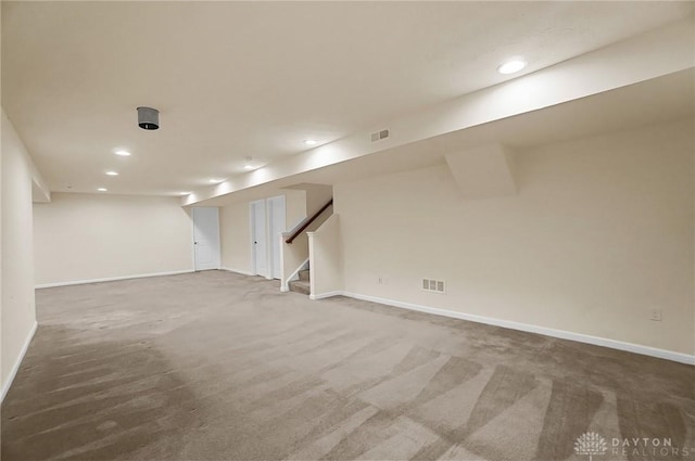 9752 Crooked Creek Dr, Centerville, OH 45458 - finished below grade area featuring carpet, baseboards, recessed lighting, and stairs