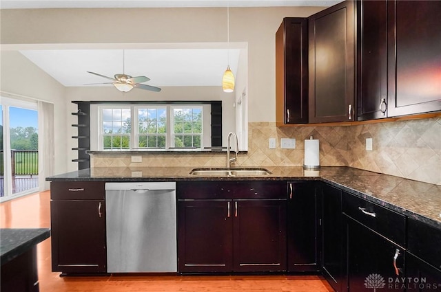 9752 Crooked Creek Dr, Centerville, OH 45458 - kitchen featuring stainless steel dishwasher, a sink, a peninsula, backsplash, and ceiling fan