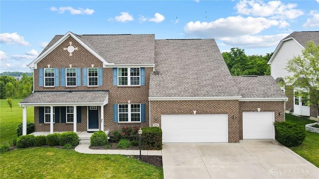 9752 Crooked Creek Dr, Centerville, OH 45458 - view of front of property featuring roof with shingles, brick siding, covered porch, an attached garage, and a front lawn