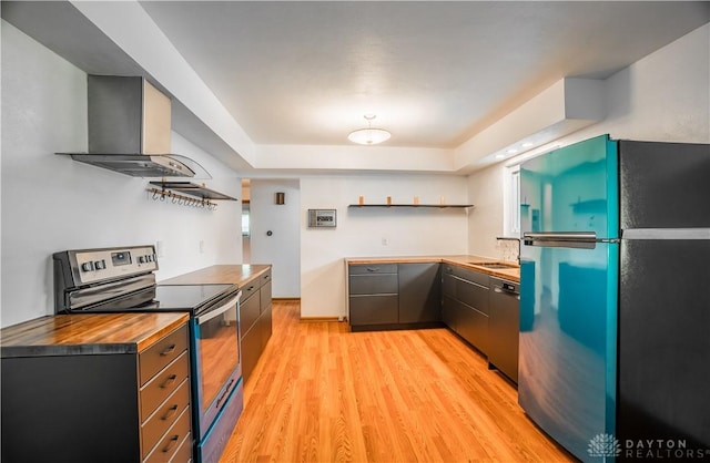 692 Sueden Dr, Beavercreek, OH 45430 - kitchen with appliances with stainless steel finishes, open shelves, wall chimney range hood, light wood-style flooring, and wooden counters