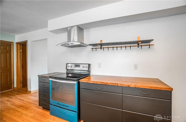 692 Sueden Dr, Beavercreek, OH 45430 - kitchen featuring stainless steel range with electric stovetop, exhaust hood, open shelves, and wooden counters