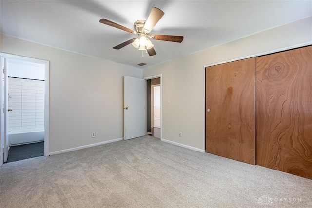 3558 Knollbrook Dr, Franklin Twp, OH 45005 - unfurnished bedroom featuring light carpet, connected bathroom, baseboards, a ceiling fan, and a closet