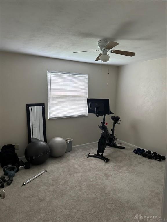 2419 Meadow Green Dr, Beavercreek, OH 45431 - exercise area featuring a ceiling fan, carpet floors, and baseboards