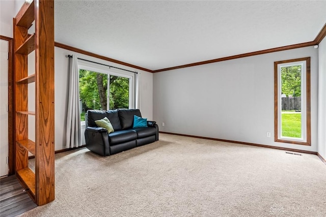 360 Merrick Dr, Beavercreek, OH 45434 - unfurnished living room featuring crown molding, carpet flooring, and baseboards