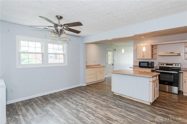 520 Buttercup Ave, Vandalia, OH 45377 - kitchen featuring electric range, black microwave, under cabinet range hood, open shelves, and dark wood-type flooring