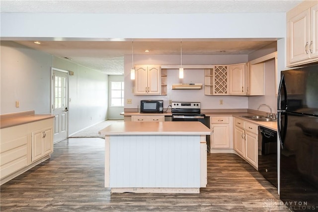 520 Buttercup Ave, Vandalia, OH 45377 - kitchen featuring black appliances, under cabinet range hood, open shelves, dark wood finished floors, and light countertops