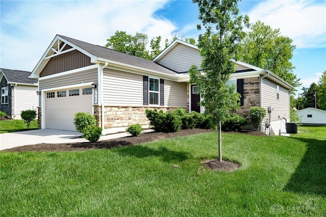 6709 Crystal Harbour Dr, Middletown, OH 45042 - view of front of house with stone siding, a garage, concrete driveway, a front lawn, and board and batten siding