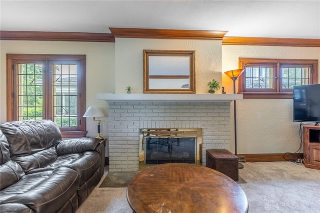54 Beverly Pl, Oakwood, OH 45419 - carpeted living room with a brick fireplace, crown molding, baseboards, and a textured wall