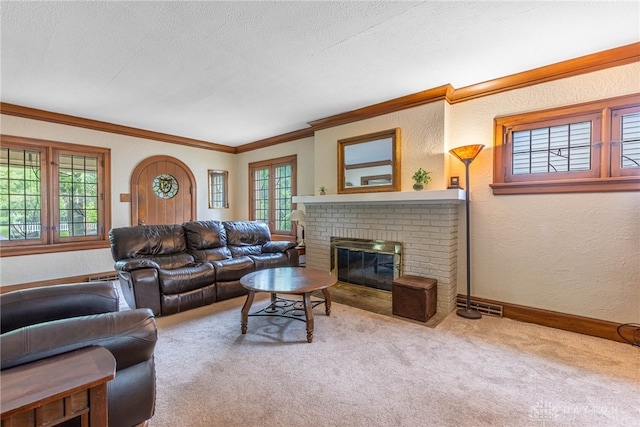 54 Beverly Pl, Oakwood, OH 45419 - carpeted living room with a textured wall, crown molding, a fireplace, baseboards, and a textured ceiling